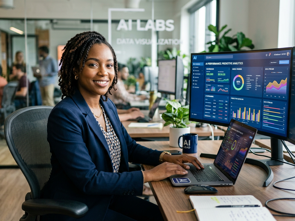 AI data analyst at workstation Person analyzing AI performance data on multiple computer screens