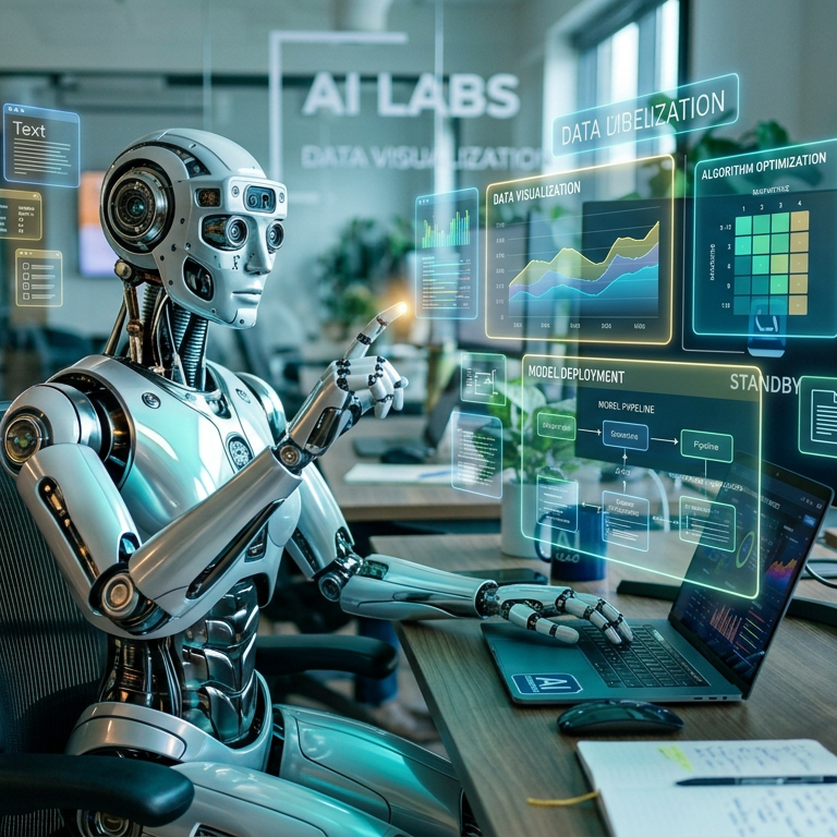 Humanoid robot working with holographic data visualizations and charts on multiple screens.