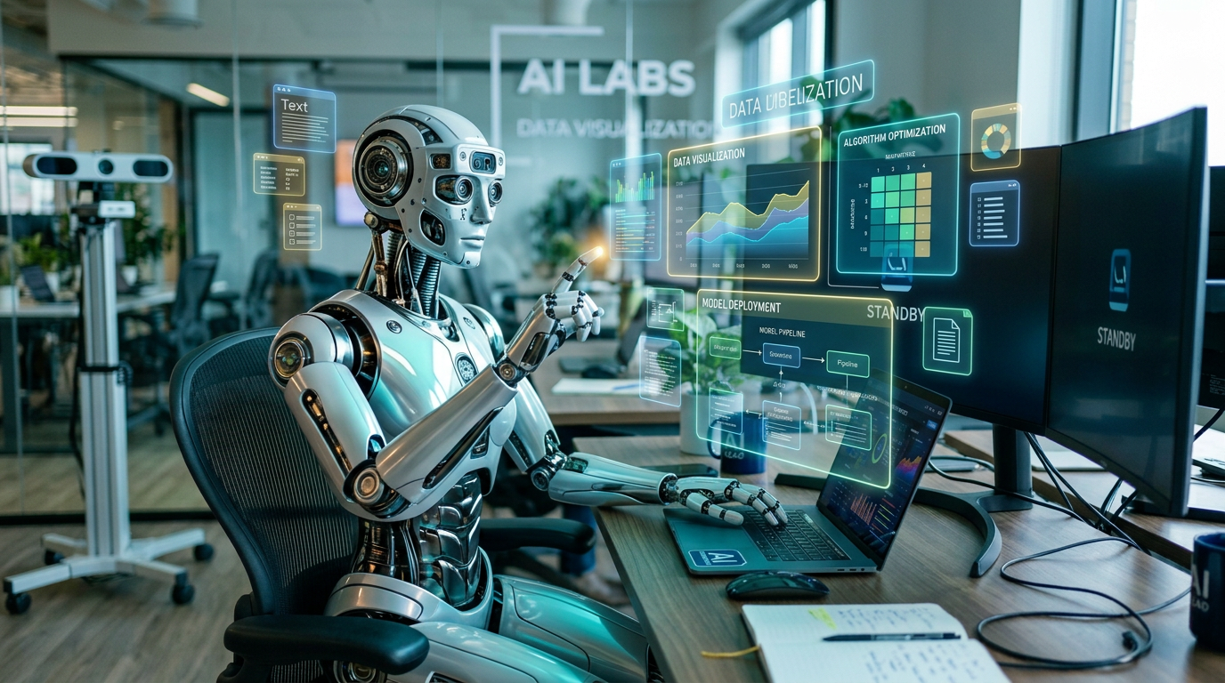 Humanoid robot working with holographic data visualizations and charts on multiple screens.