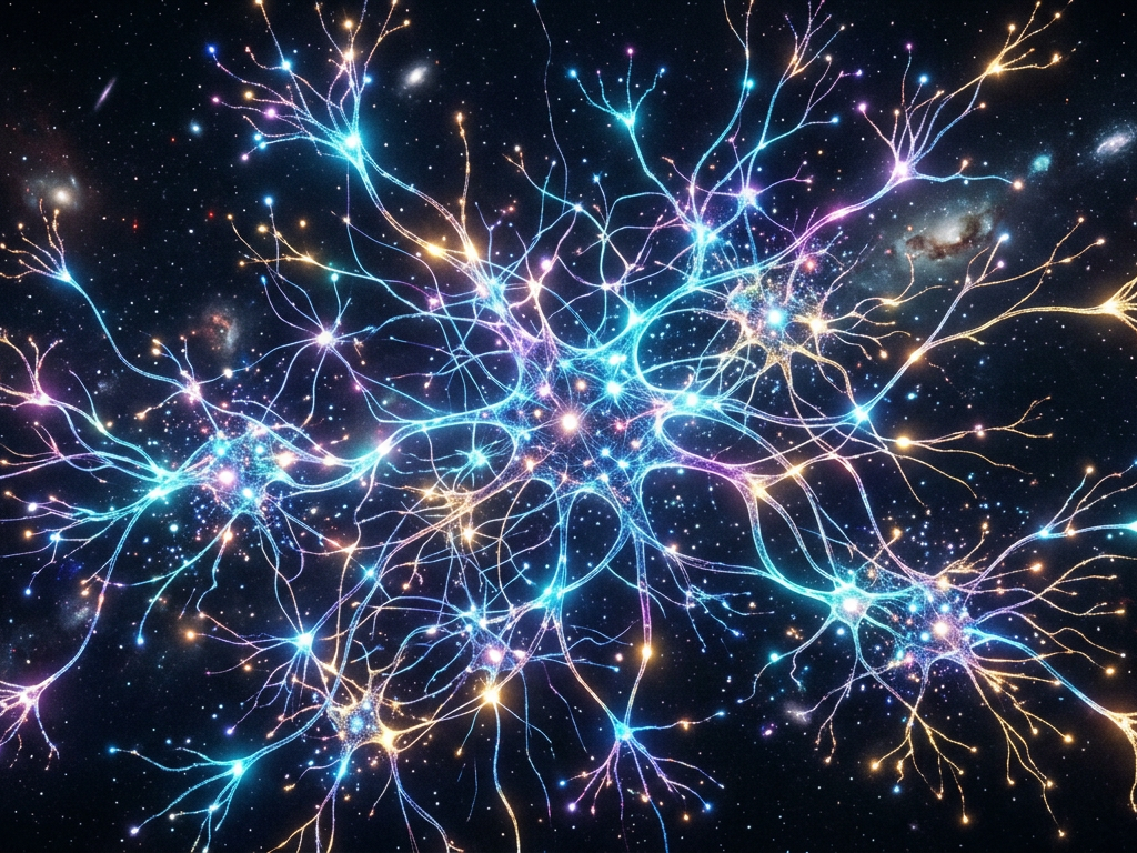 Neural network visualization with cosmic background Colorful interconnected neurons glowing with blue, purple, and yellow light on a dark space-like background
